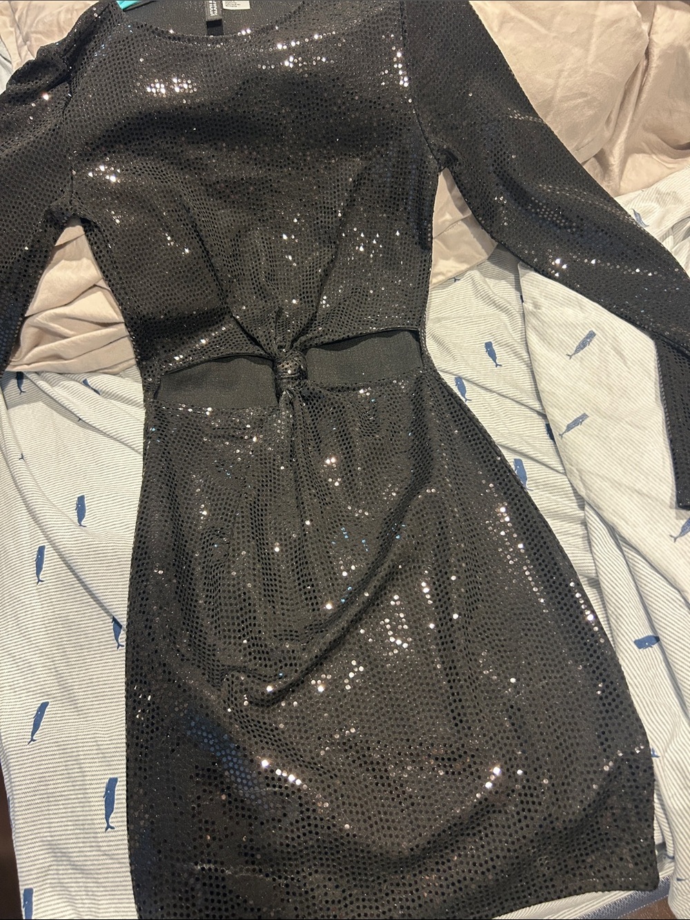 Divided Black Sequin Long-Sleeve Knot-Waist Dress